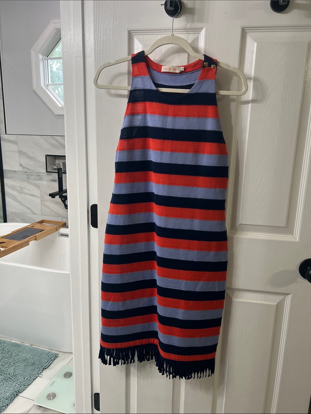 Tory Burch Ariana Striped Knit Fringe Dress Navy Coral Blue M